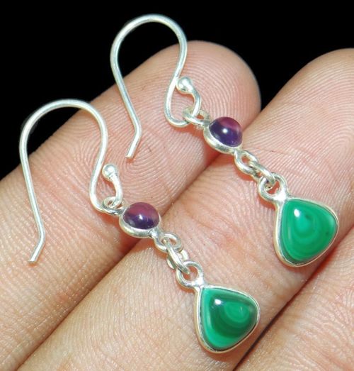Malachite, Amethyst Gemstone 925 Sterling Silver Earring