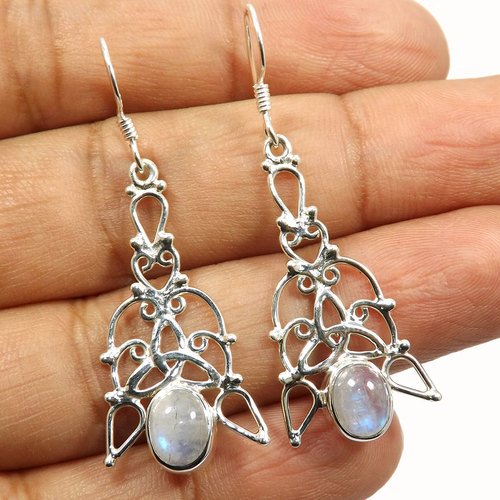 925 Sterling Silver Cab Rainbow Moonstone Earring