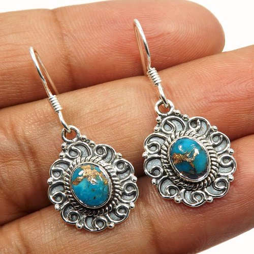 Blue Copper Turquoise 925 Sterling Silver Cab Earring