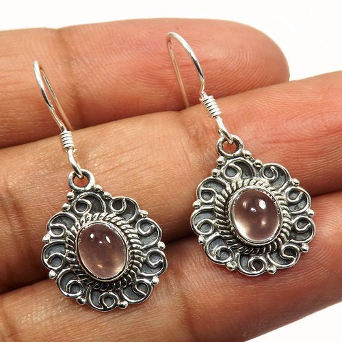 925 Sterling Silver Rose Quartz Cab Earring
