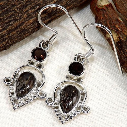 Solid 92.5 Sterling Silver Black Rutile & Smokey Cut Earring