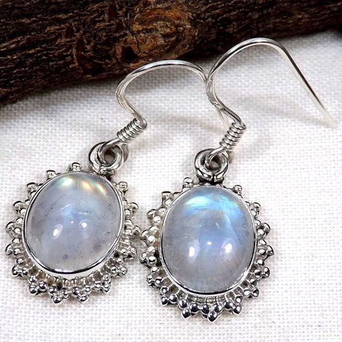 Solid 92.5 Sterling Silver Rainbow Moonstone Earring