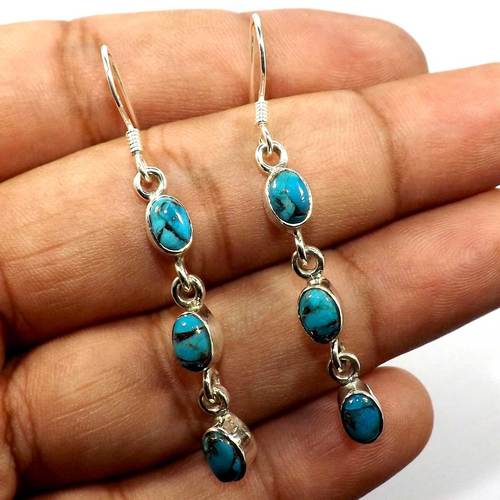 Natural Blue Copper Turquoise Gemstone 925 Sterling Silver Long Earrings