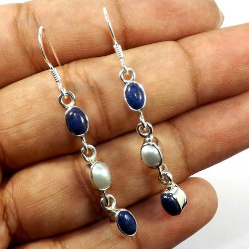 92.5 Sterling Silver Lapis & Pearl Cab Earring