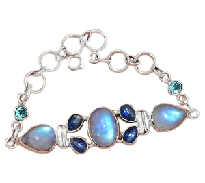 Solid 925 Sterling Rainbow Moonstone & Kyanite Cab Bracelet 7.5"