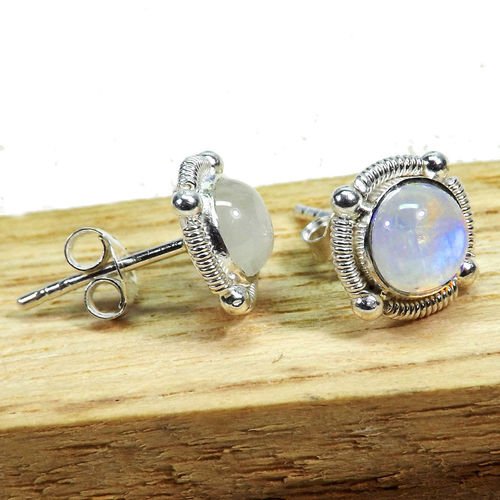 92.5 Sterling Silver Rainbow Moonstone Cab stud Earring