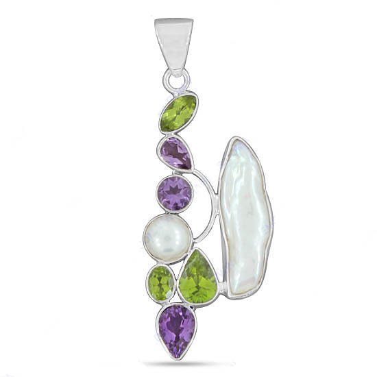 925 Sterling Silver Fresh Water Pearl, Peridot, Amethyst Pendant