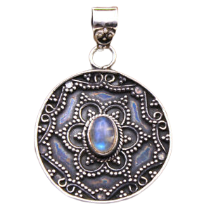 Bali Style 925 Sterling Silver Rainbow Moonstone Gemstone Pendant 1.5"