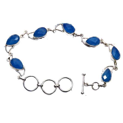 Blue Chalcedony - CutB2 -Semiprecious Cut Gemstone 925 Sterling Silver Bracelet